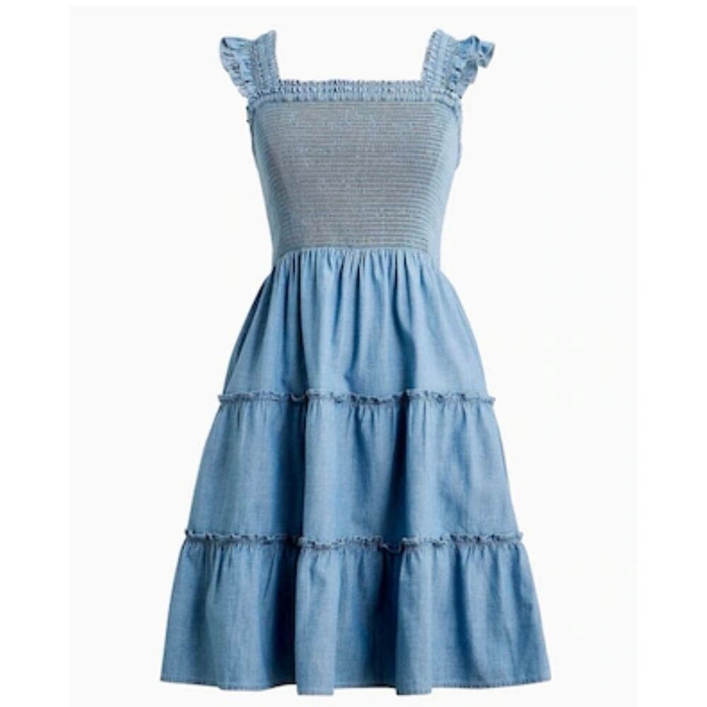 J.Crew cotton denim smocked ruffle sleeve dress size xs